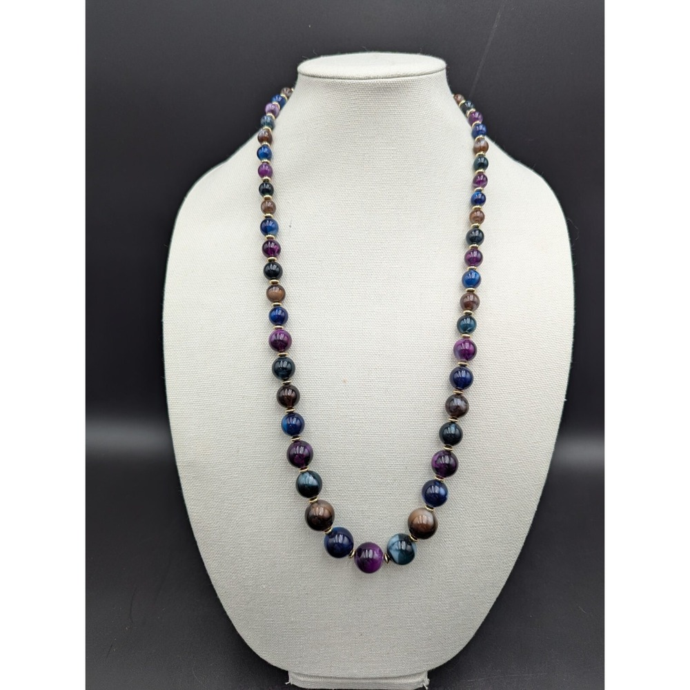 Vintage Purple Blue Brown Gold Swirl Bead Bowling Ball Necklace w/ Flower Clasp
